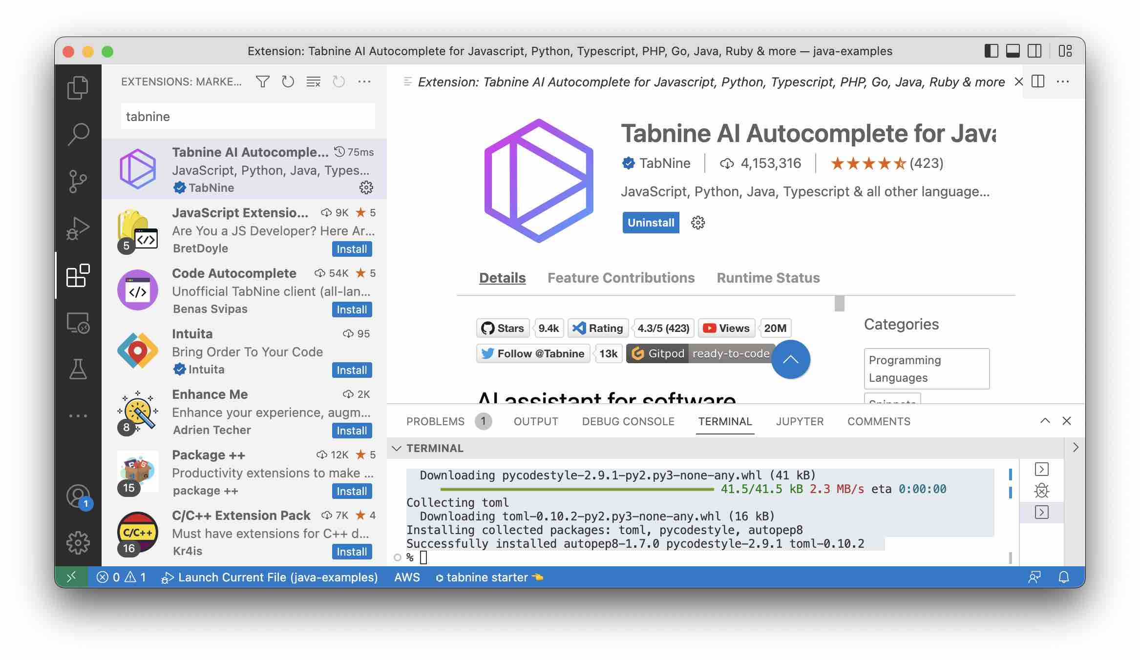 How to install tabnine on VS Code